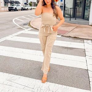 Pastel Olive/Tan Strapless Jumpsuit